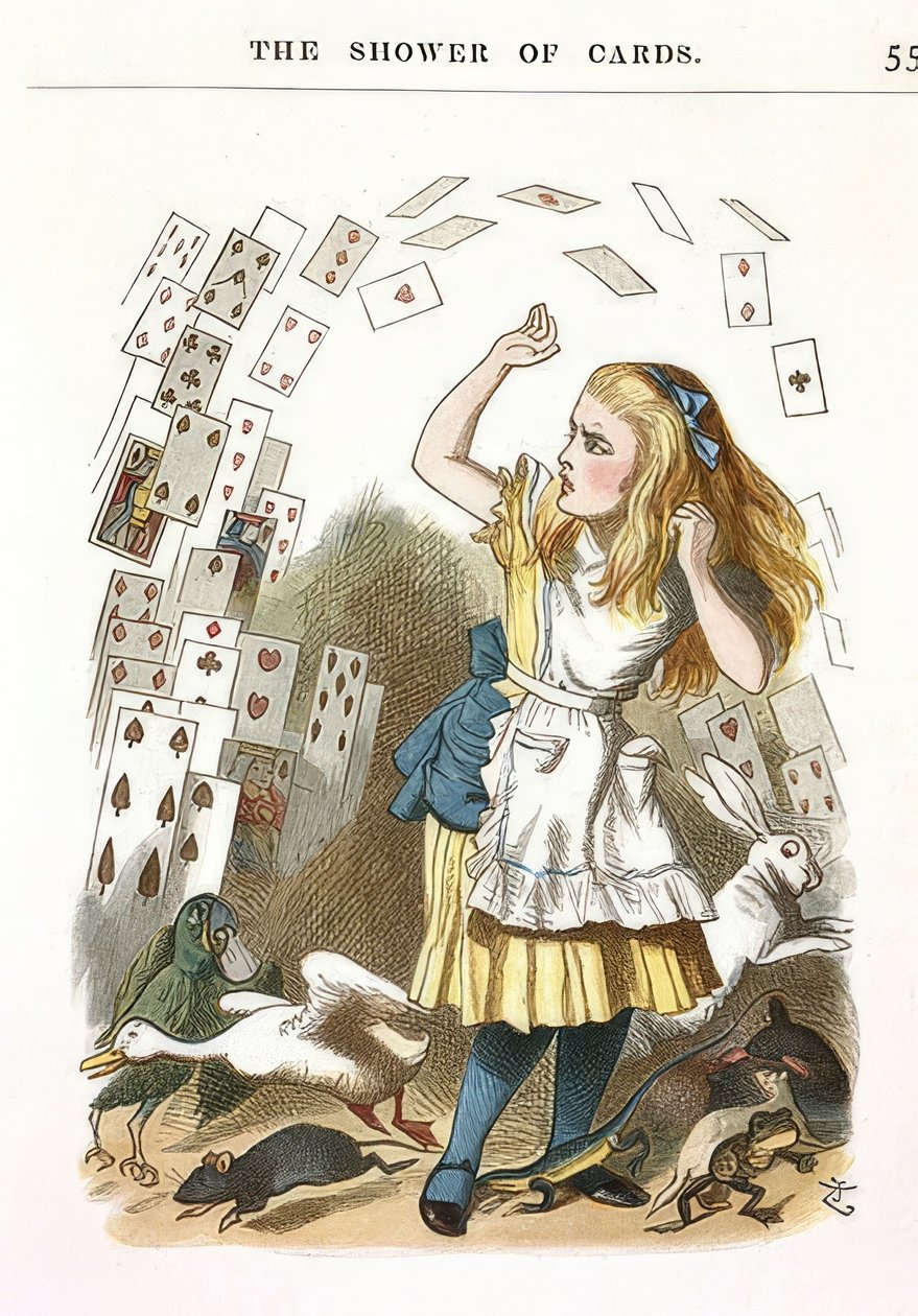 Korttisuihku. Lewis Carrollin kuvitus Liisa ihmemaassa. 1890 tekijältä John Tenniel