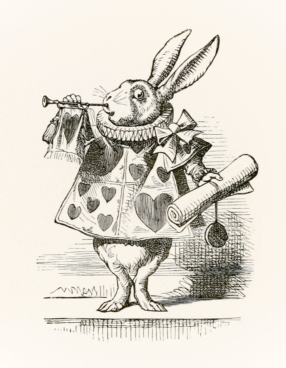 Valkoinen kani trumpetilla ja rullalla, joka julistaa syytöstä, Lewis Carrollin vuonna 1865 julkaistusta "Liisa ihmemaassa" tekijältä John Tenniel