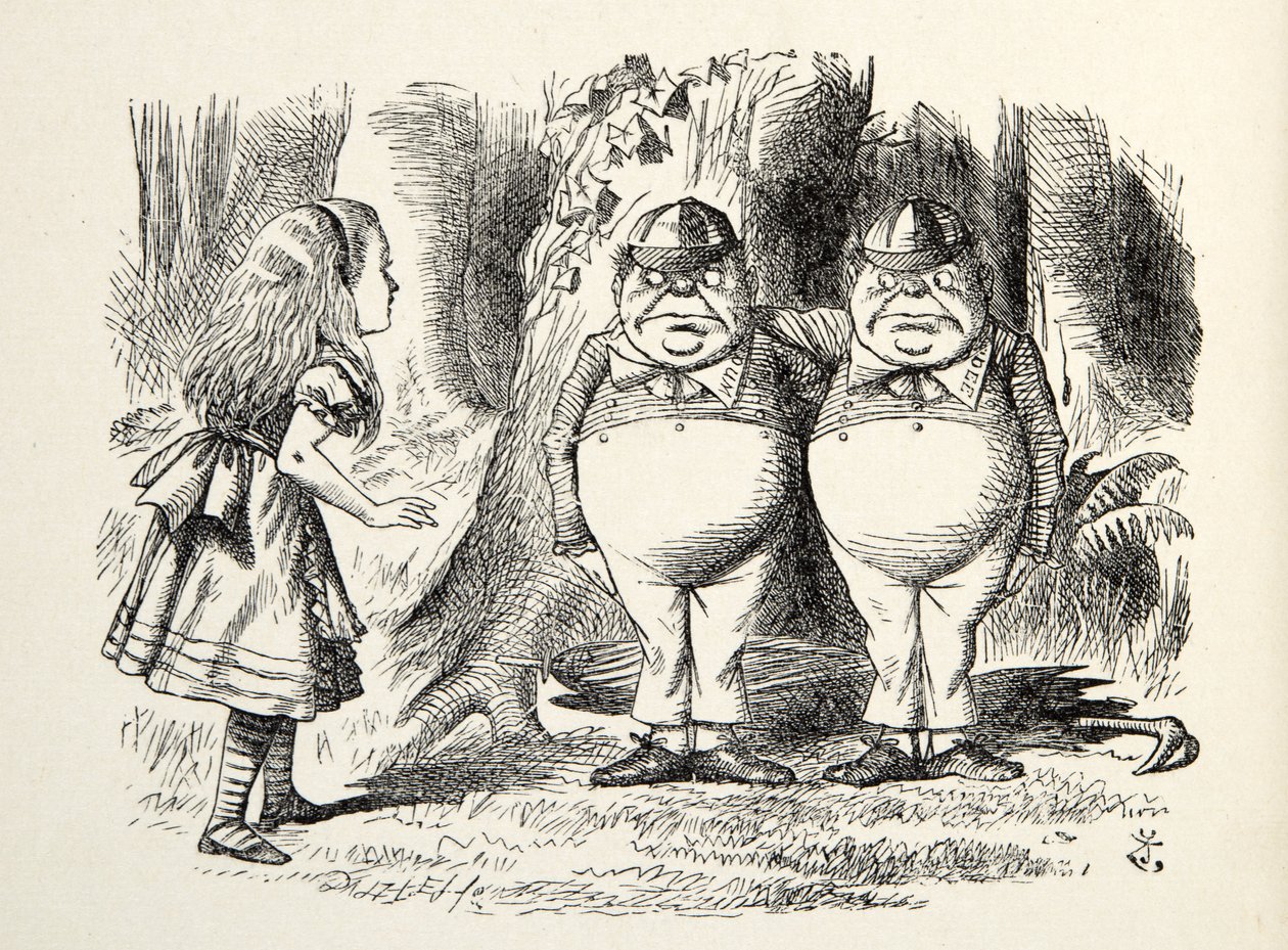 Tweedledum ja Tweedledee, kuvitus teoksesta Through the Looking Glass, Lewis Carroll (1832 - 98), 1872 tekijältä John Tenniel