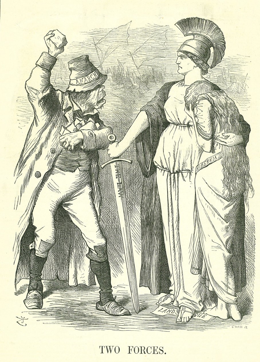 Two Forces: Irish Land League kiellettiin. Britannia suojelee Hiberniaa (Irlanti) lainvoimalla anarkiaa vastaan. John Tenniel -sarjakuva Punchista, Lontoosta, 29. lokakuuta 1881. tekijältä John Tenniel