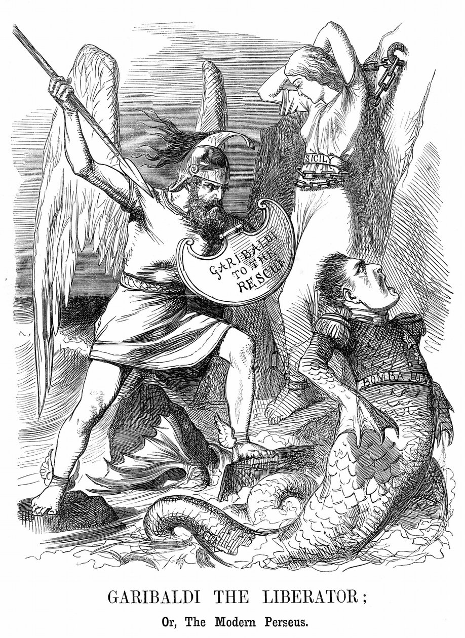 Italian yhdistyminen: Giuseppe Garibaldi (1807-1882), italialainen patriootti, valloittaa Sisilian ja Napolin uuden Italian kuningaskunnan puolesta. John Tenniel sarjakuva Punchista, Lontoosta tekijältä John Tenniel