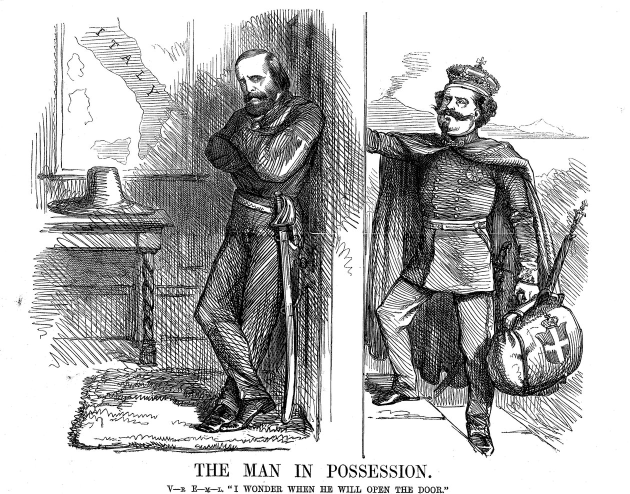 Viktor Emmanuel II koputtaa Napolin oveen, 1861 tekijältä John Tenniel