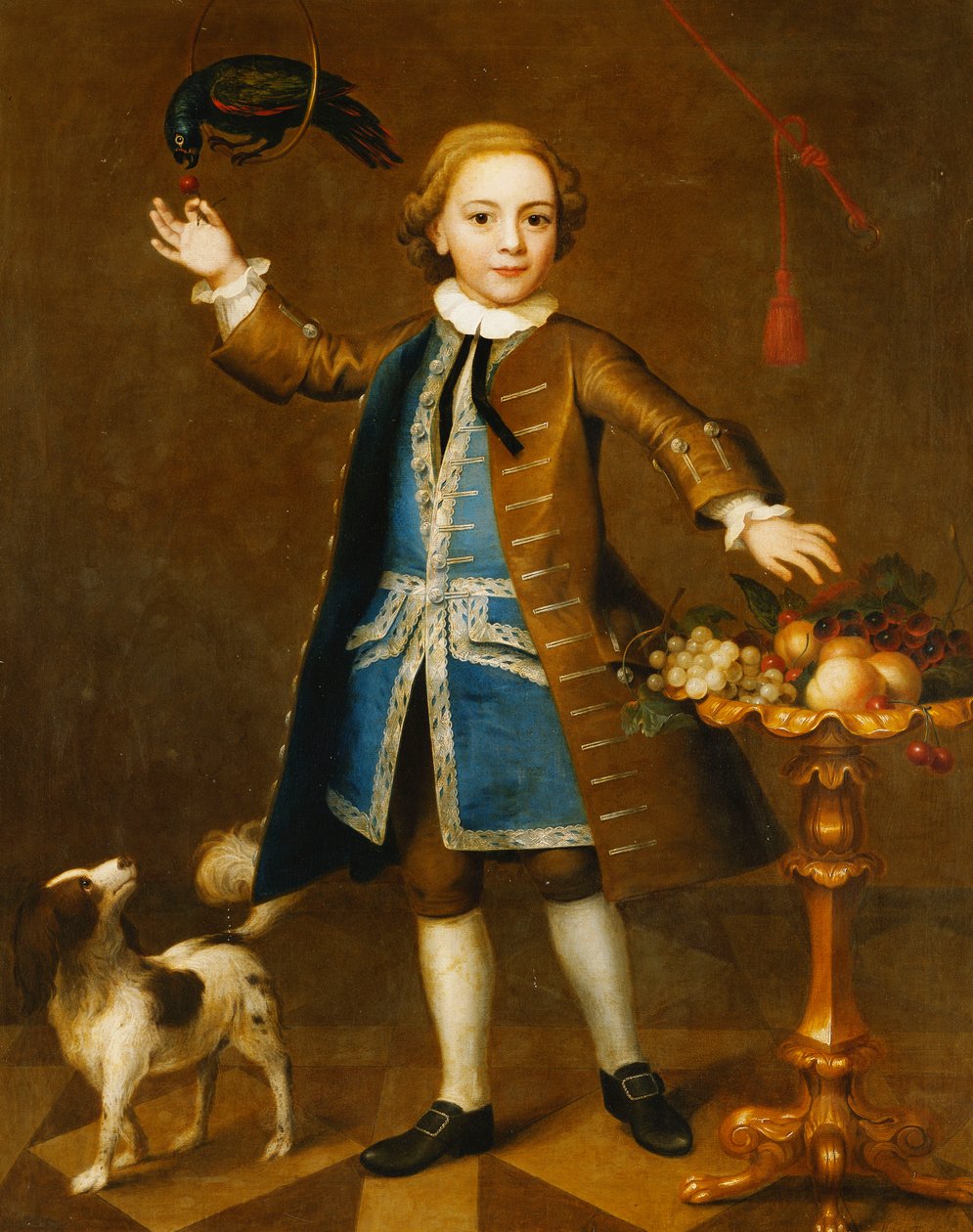 Pojan muotokuva, täyspitkä, ruskea takki, sininen liivi hopeapunoksella, pitelee papukaijaa kirsikkaa, spanieli kyljellään, hedelmiä telineessä, 1741 tekijältä John Theodore Heins