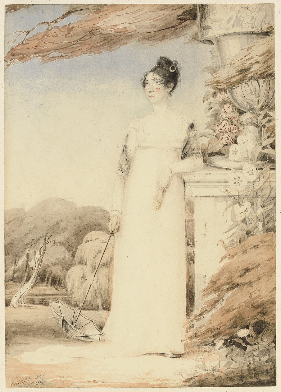 Ann Milesin, myöhemmin rouva John Sell Cotmanin, muotokuva, täyspitkä, oikea käsi aurinkovarjoa, vasen käsi jalustalla, 1805 tekijältä John Thirtle