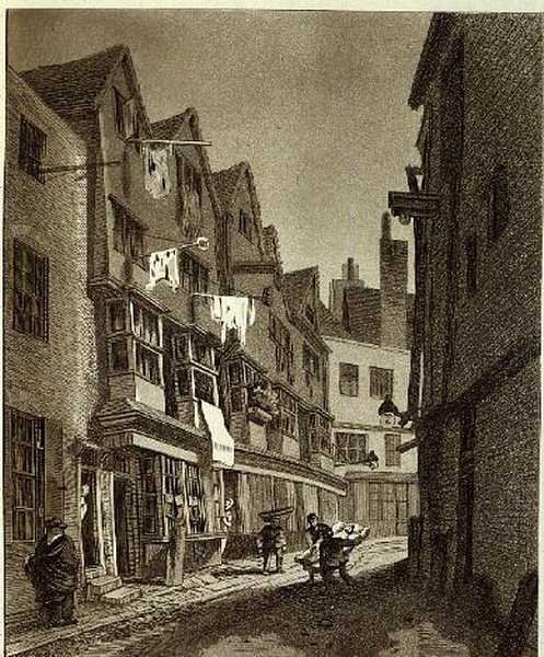 "Näkymä Thieving Lanen (viime vuosina nimeltään Bow Street) eteläosasta...", piirretty 1807, kaiverrettu W.M. Fellowsin toimesta, pub. 1807 (kaiverrus) tekijältä John Thomas (after) Smith