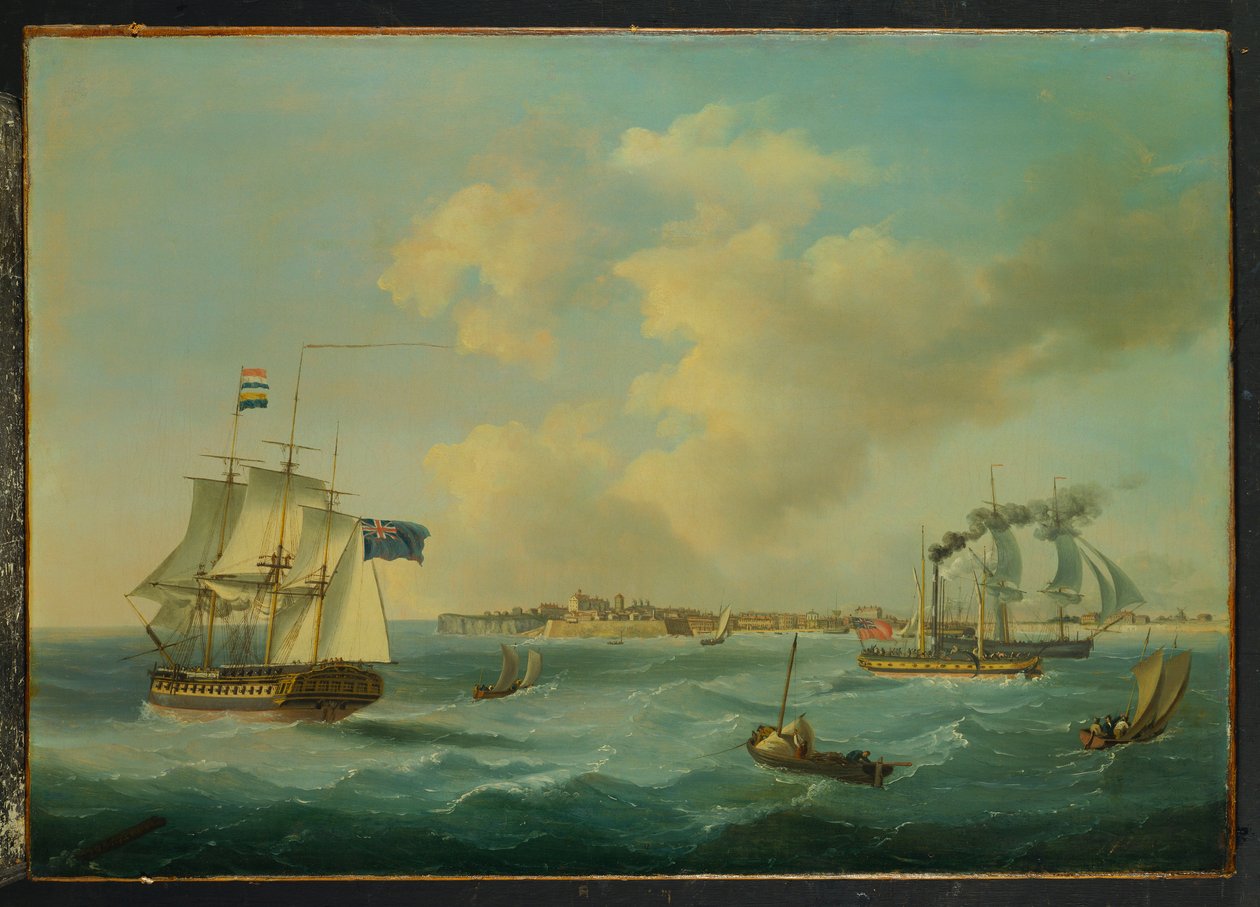 44-aseinen fregatti, matkustajamela-höyrylaiva ja muut kuljetukset St. Peter Portista, Guernseysta, 1825 tekijältä John Thomas Serres