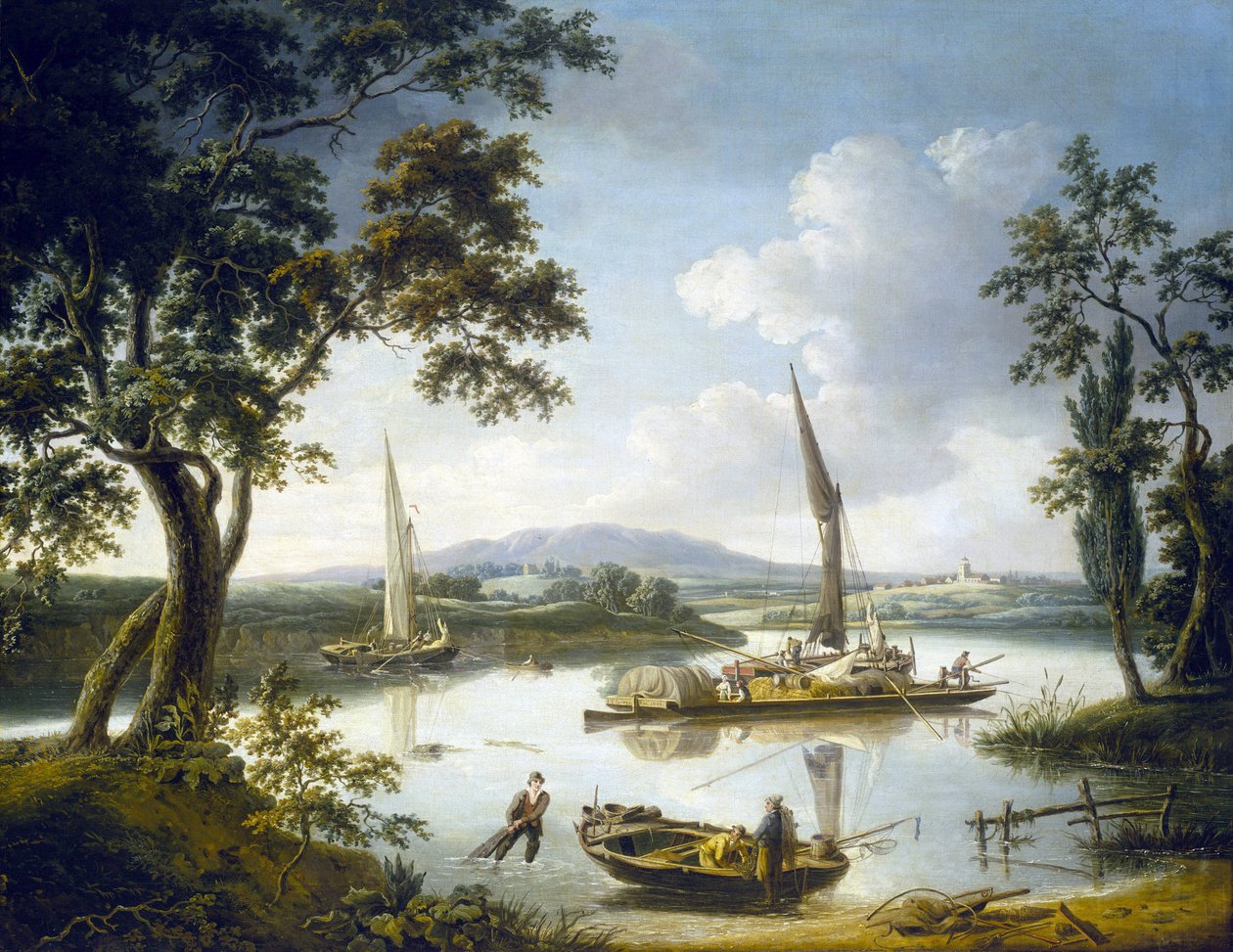 Näkymä Thames-joelle Shillingfordissa (Englanti), horisontissa Dorchester Abbey. Öljy kankaalle tekijältä John Thomas Serres