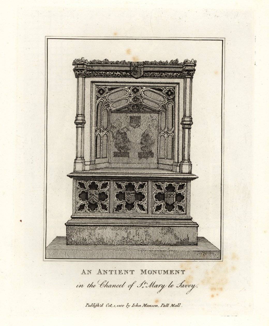 Muinainen muistomerkki St Mary le Savoyn kansliassa (nykyinen Savoy-kappeli) tekijältä John Thomas Smith