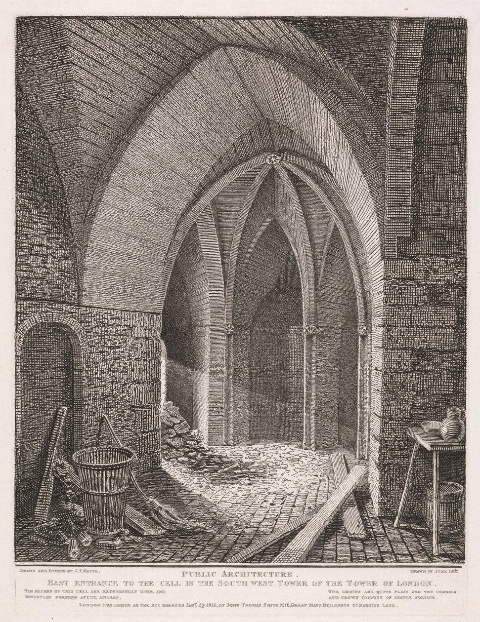 Itäinen sisäänkäynti Lontoon Towerin lounaistornin selliin tekijältä John Thomas Smith