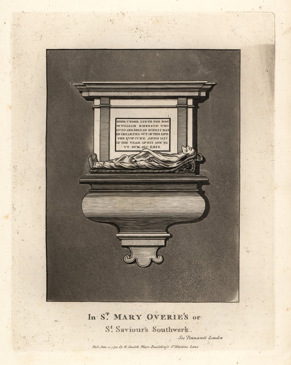 Hautakuva ja muistomerkki rehelliselle miehelle William Emersonille, kuoli 1575, St Mary Overie