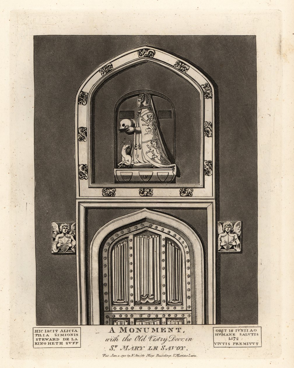 Simon Stewardin tyttären Alician hautakuva Old St Mary le Savoyn ovella tekijältä John Thomas Smith