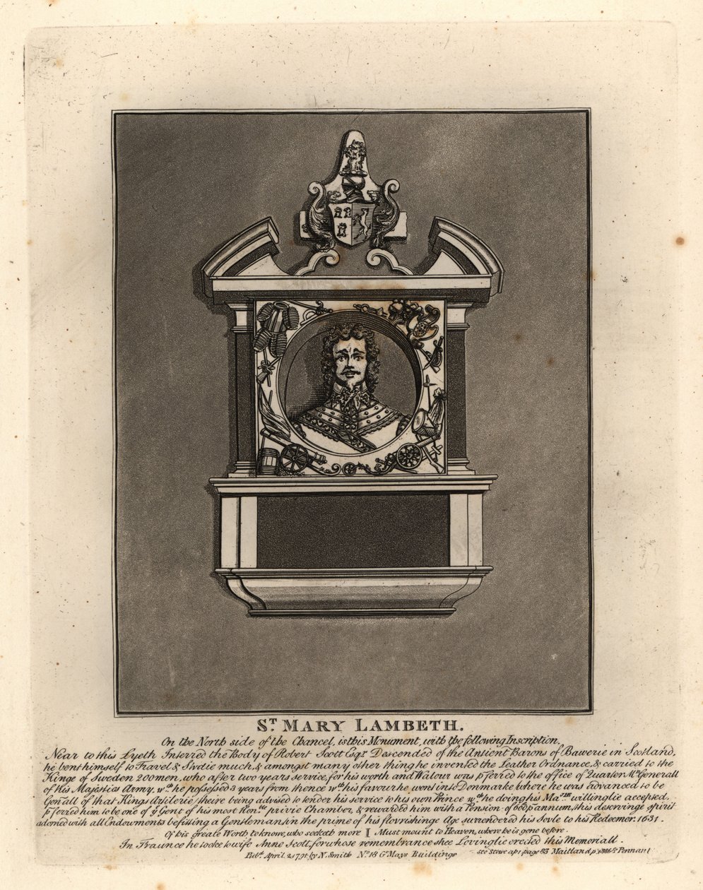 Robert Scottin hautakuva, Ruotsin ja Tanskan armeijan upseeri ja sotilaskeksijä, kuoli 1631, St Mary Lambeth tekijältä John Thomas Smith