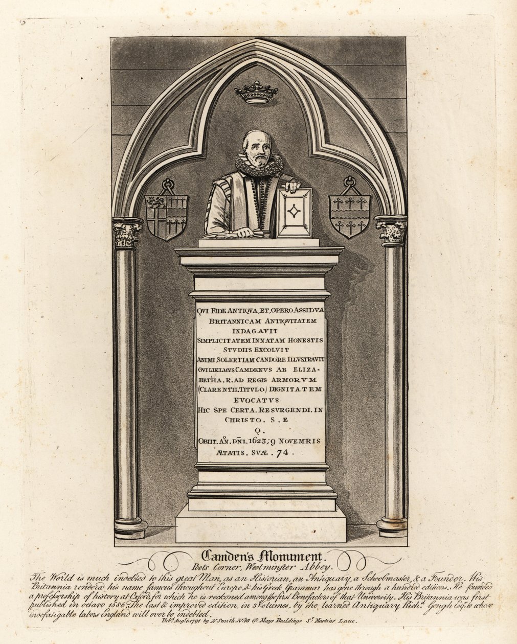 Hautamuistomerkki Elizabethanin antikvaarille ja herold William Camdemille, kuoli 1623, Poets Cornerissa, Westminster Abbeyssa tekijältä John Thomas Smith