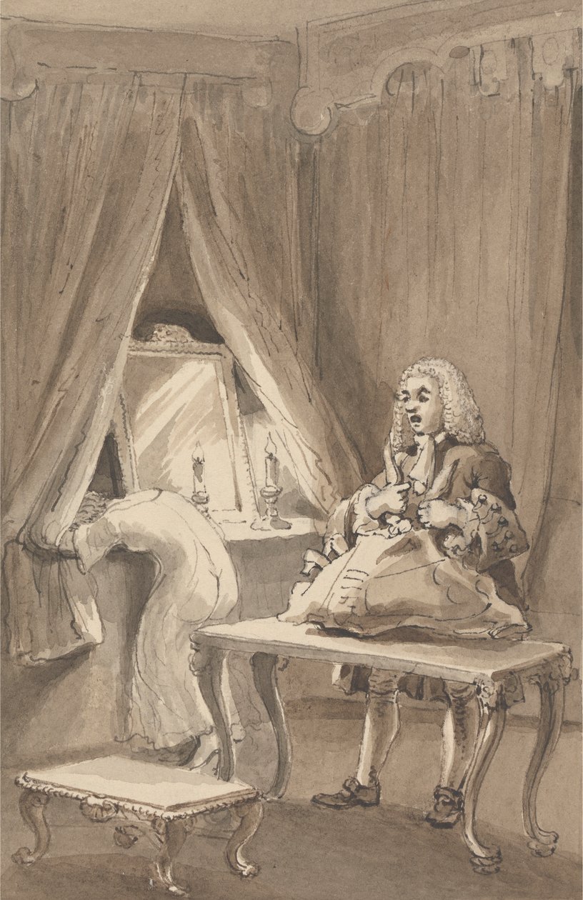 Hogarth sen jälkeen kun hänen vaimonsa oli pukenut ylleen uuden yöpaidan, sitoo Sir James Thornhillille lähetettävät tavaransa kirjeellä, jossa hän kertoi hänelle: "Hän vei tyttärensä ilman housuja hänen luokseen - e tekijältä John Thomas Smith
