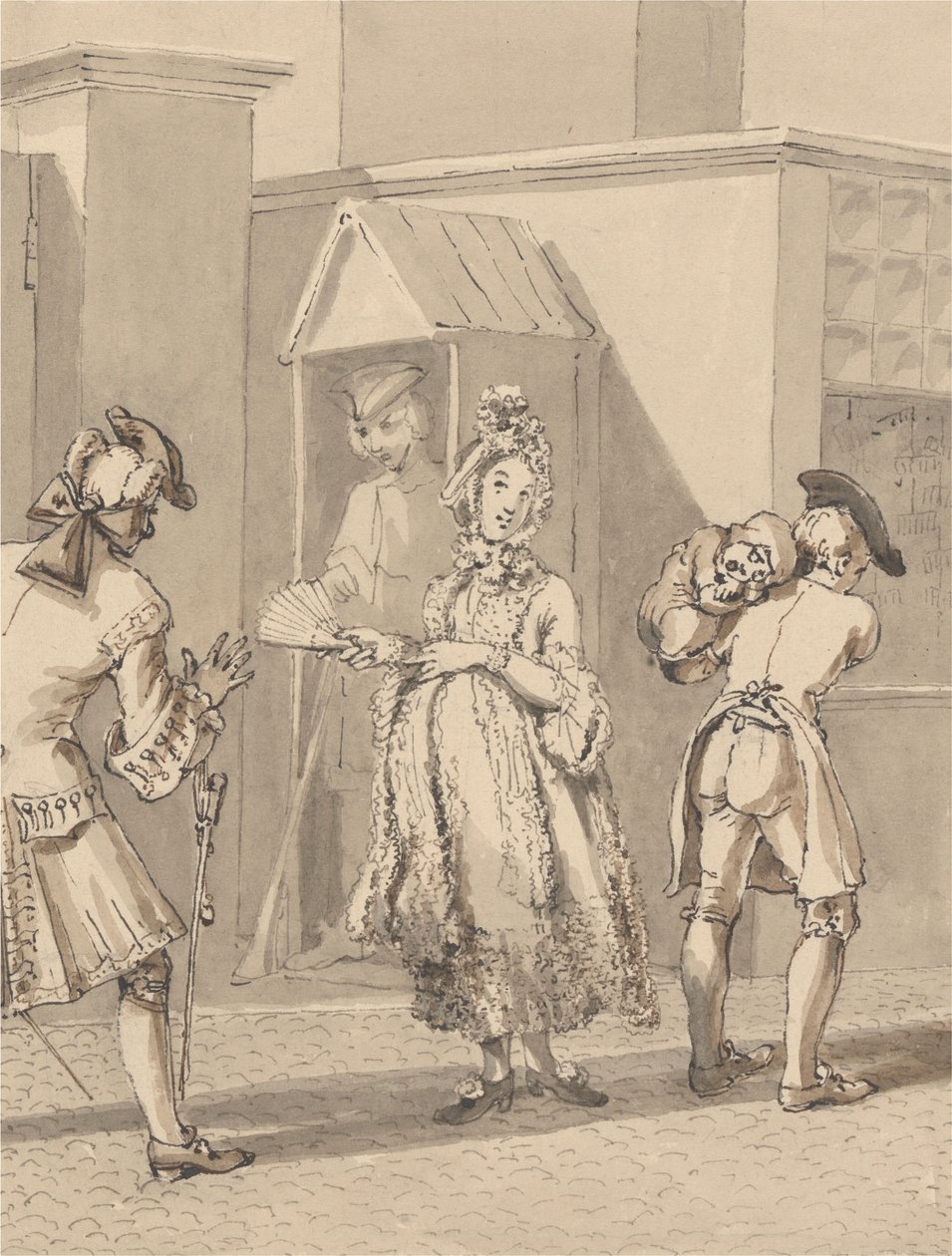 Hogarth kantamassa isäntänsä sairasta lastaan Leicester Fieldsin ympäri. The Spot of Ground Leicester House. tekijältä John Thomas Smith