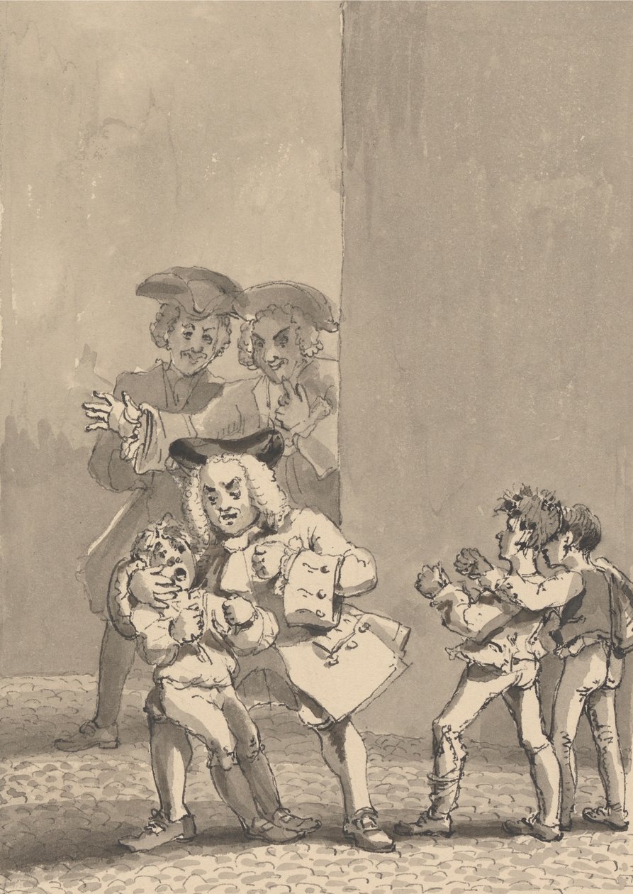 Hogarth tendo sido seguido por Barry e um amigo foi pego apoiando um menino para lutar propositalmente para pegar seu semblante medrosofinlandês tekijältä John Thomas Smith