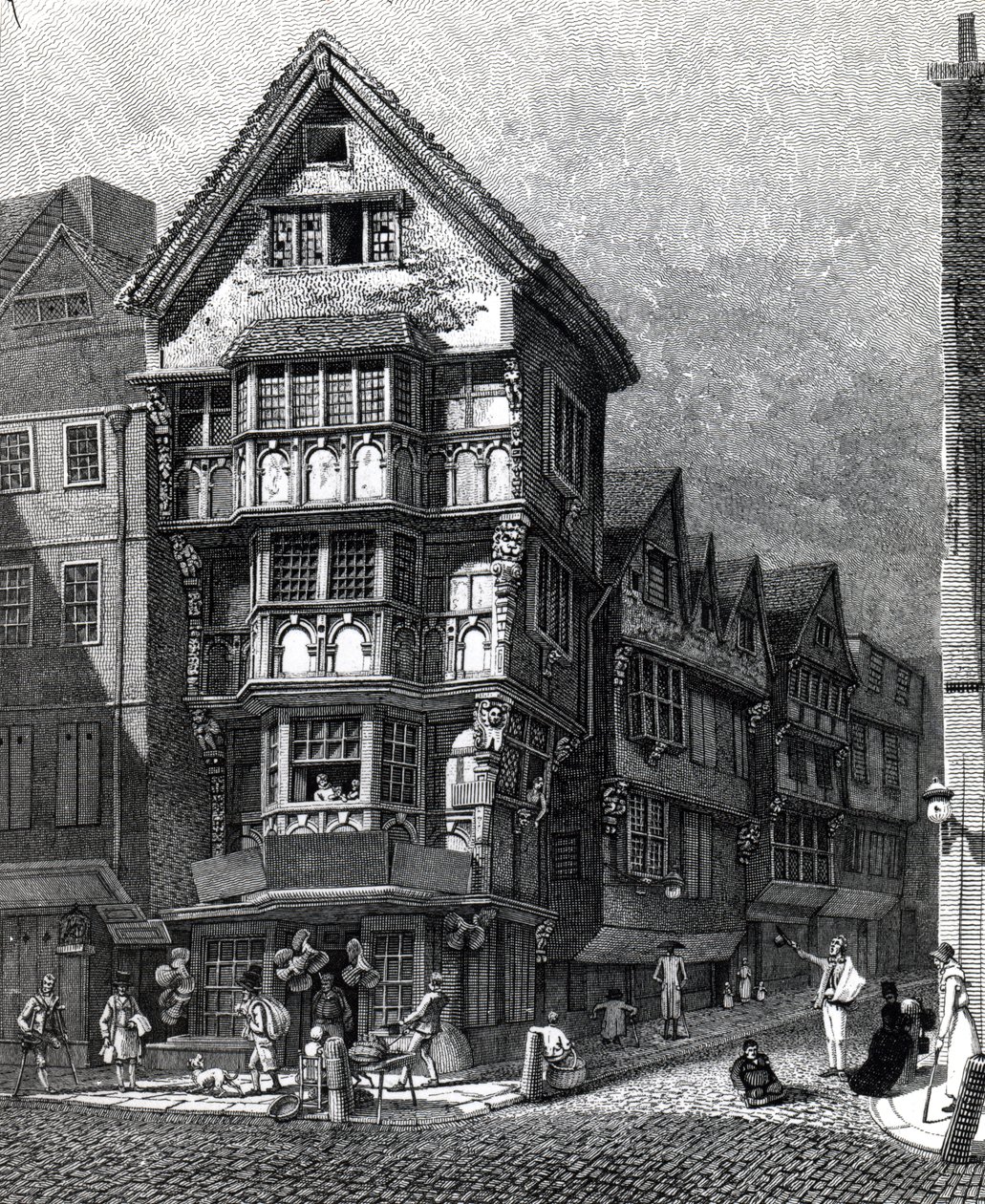Houses Lately Standing on the West Corner of Chancery Lane, Fleet Street, julkaistu vuonna 1812. tekijältä John Thomas Smith