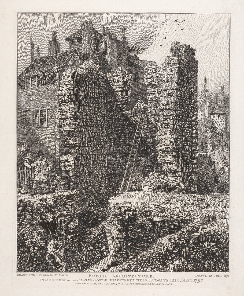 Ludgate Hillin läheltä löydetyn vartiotornin sisänäkymä, 1. toukokuuta 1792 tekijältä John Thomas Smith