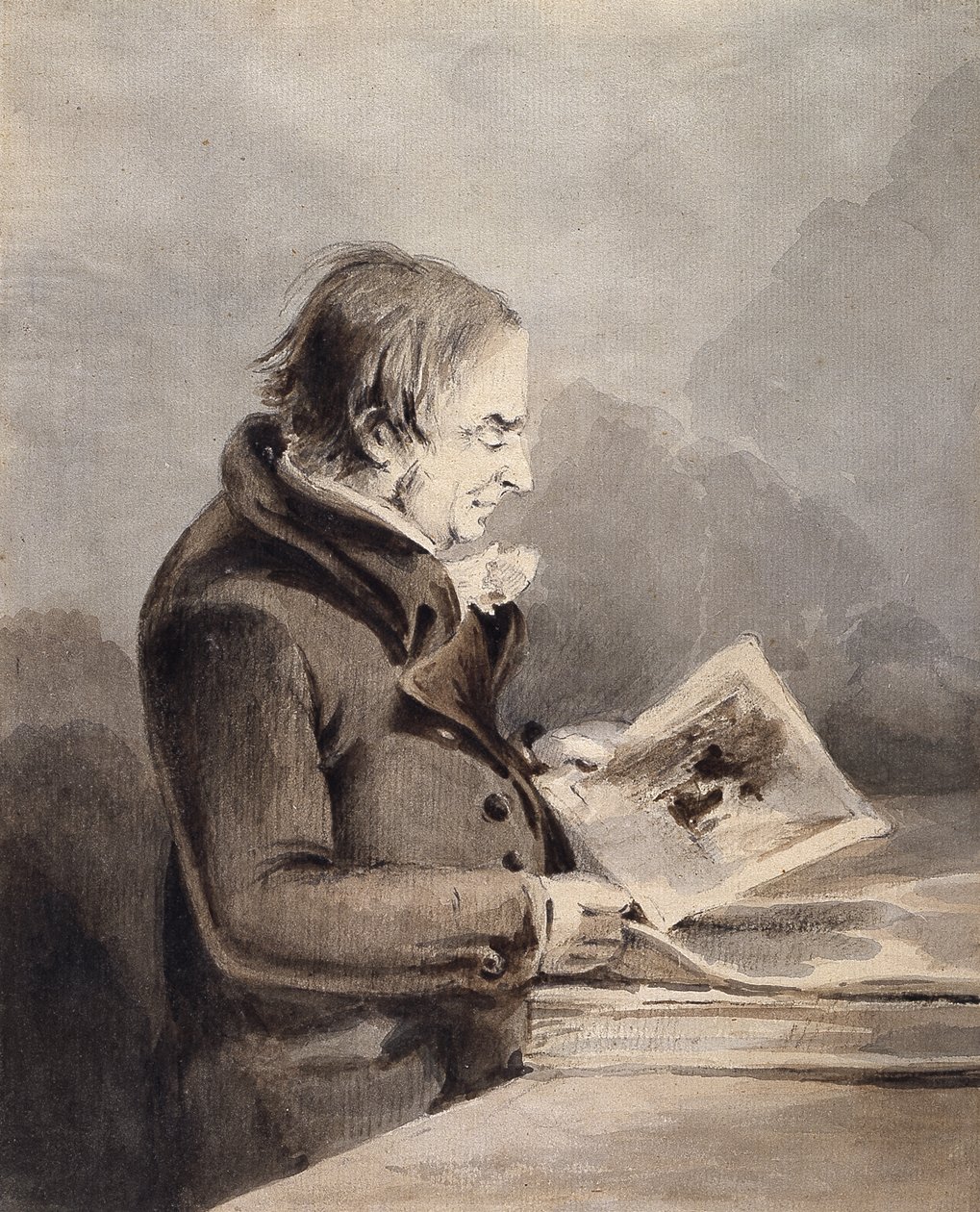 J.M.W. Turner In The British Museum (ruskea ja harmaa muste pestään kynällä valkoisella paperilla) tekijältä John Thomas Smith