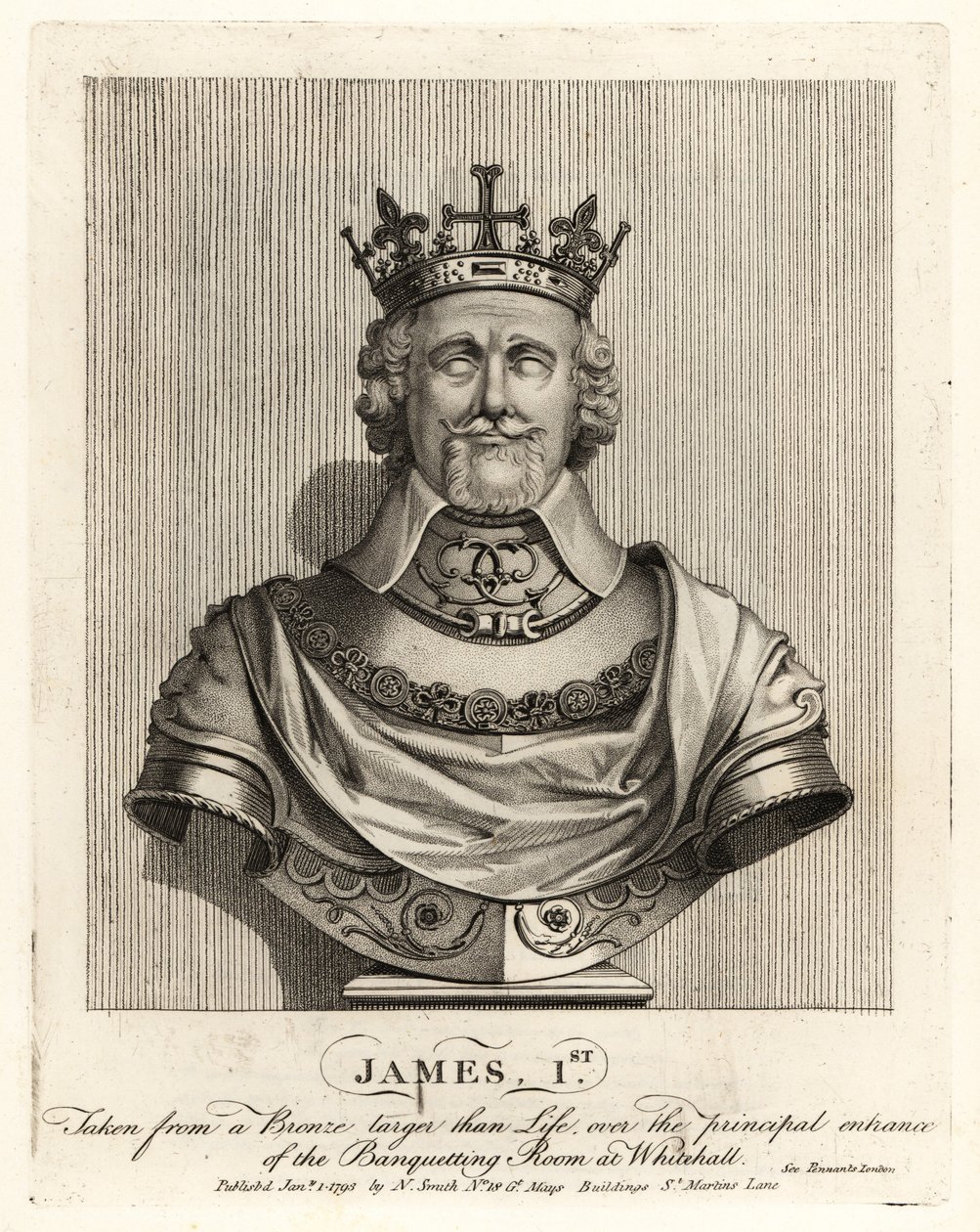 Englannin kuningas James I otettu pronssisesta rintakuvasta Whitehallin juhlasalin sisäänkäynnin yläpuolella tekijältä John Thomas Smith