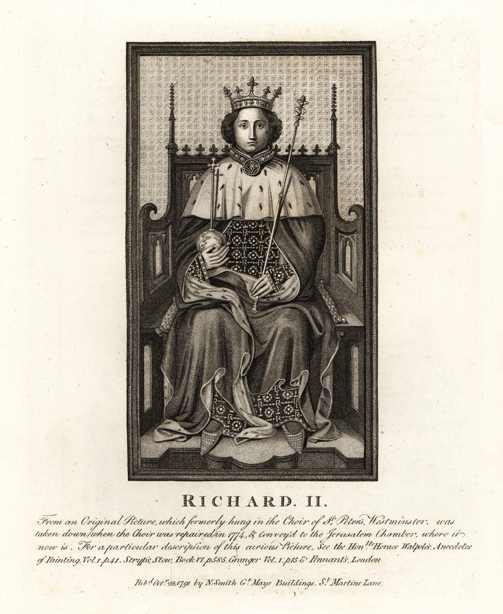 Englannin kuningas Richard II, alkuperäisestä kuvasta, joka roikkui Pyhän Pietarin Westminsterin kuorossa tekijältä John Thomas Smith