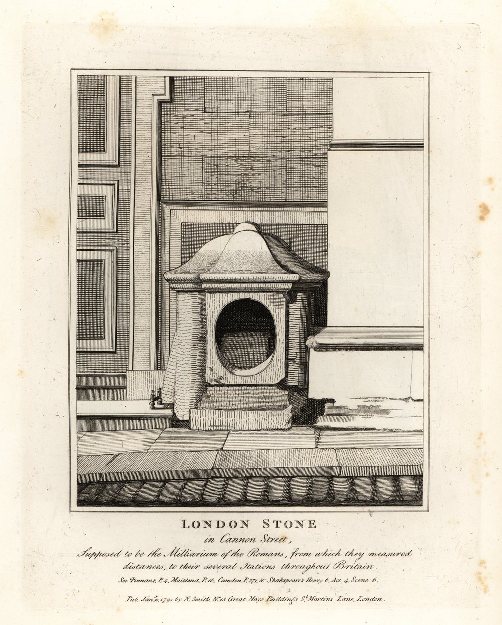 London Stone Cannon Streetillä, jonka oletetaan olevan virstanpylväs tai roomalaisten Milliarium tekijältä John Thomas Smith