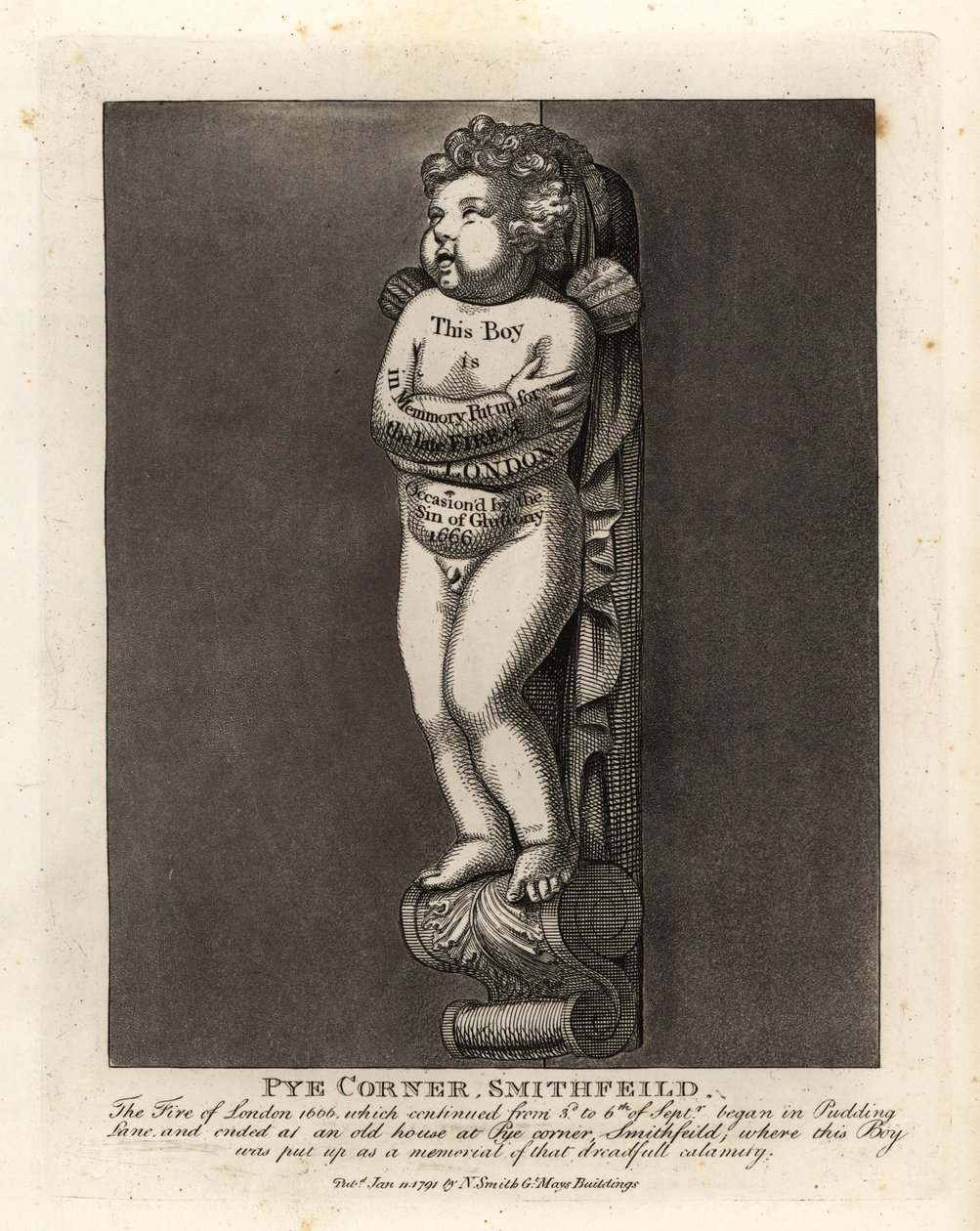 Pojan muistomerkki Pye Cornerilla, Smithfieldissä, Lontoon vuoden 1666 tulipalon merkeissä läheisellä Pudding Lane -kadulla tekijältä John Thomas Smith