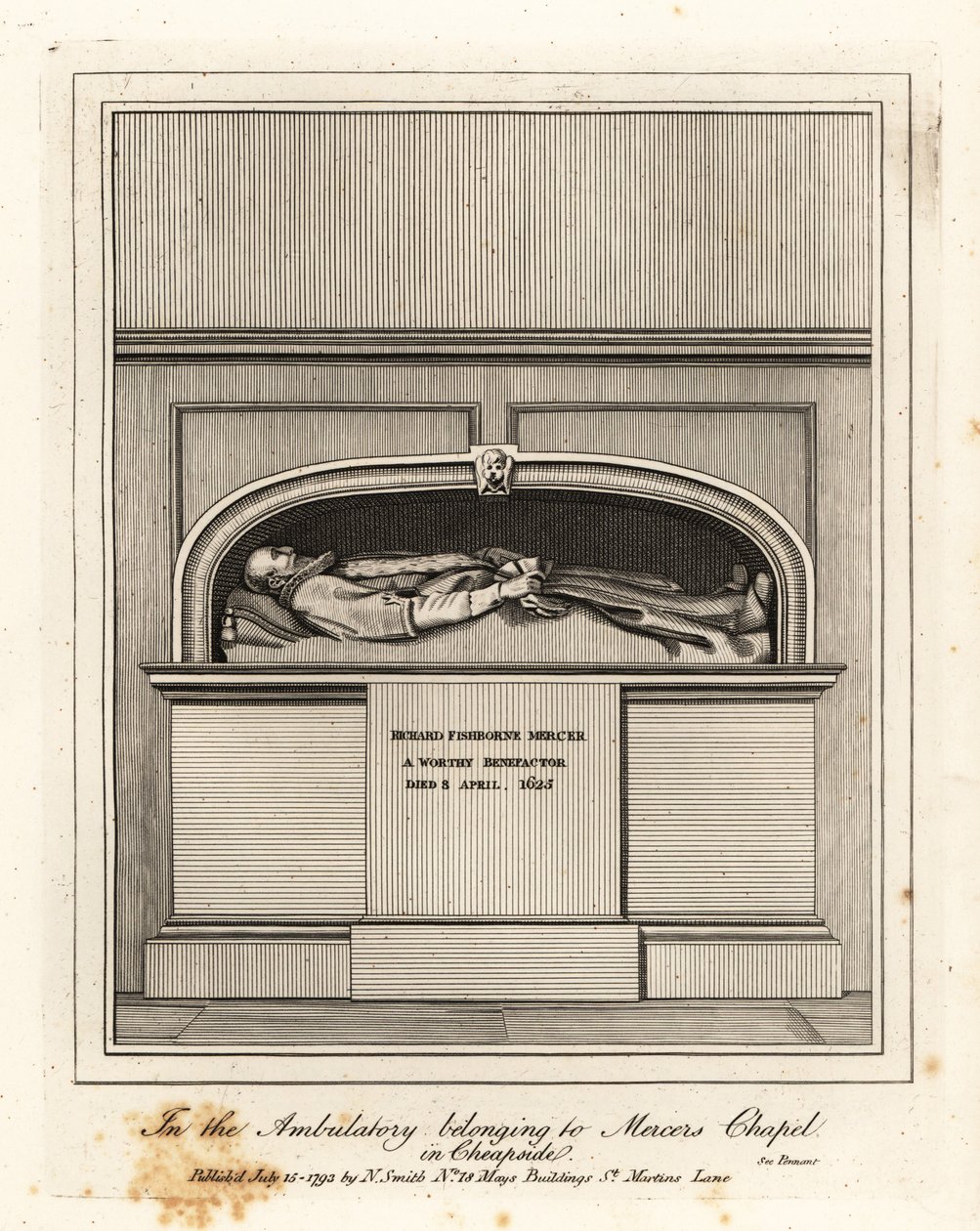 Muistomerkki Richard Fishbourne Mercerille, kuoli 1625, Ambulatory in Mercers Chapel, Cheapside tekijältä John Thomas Smith