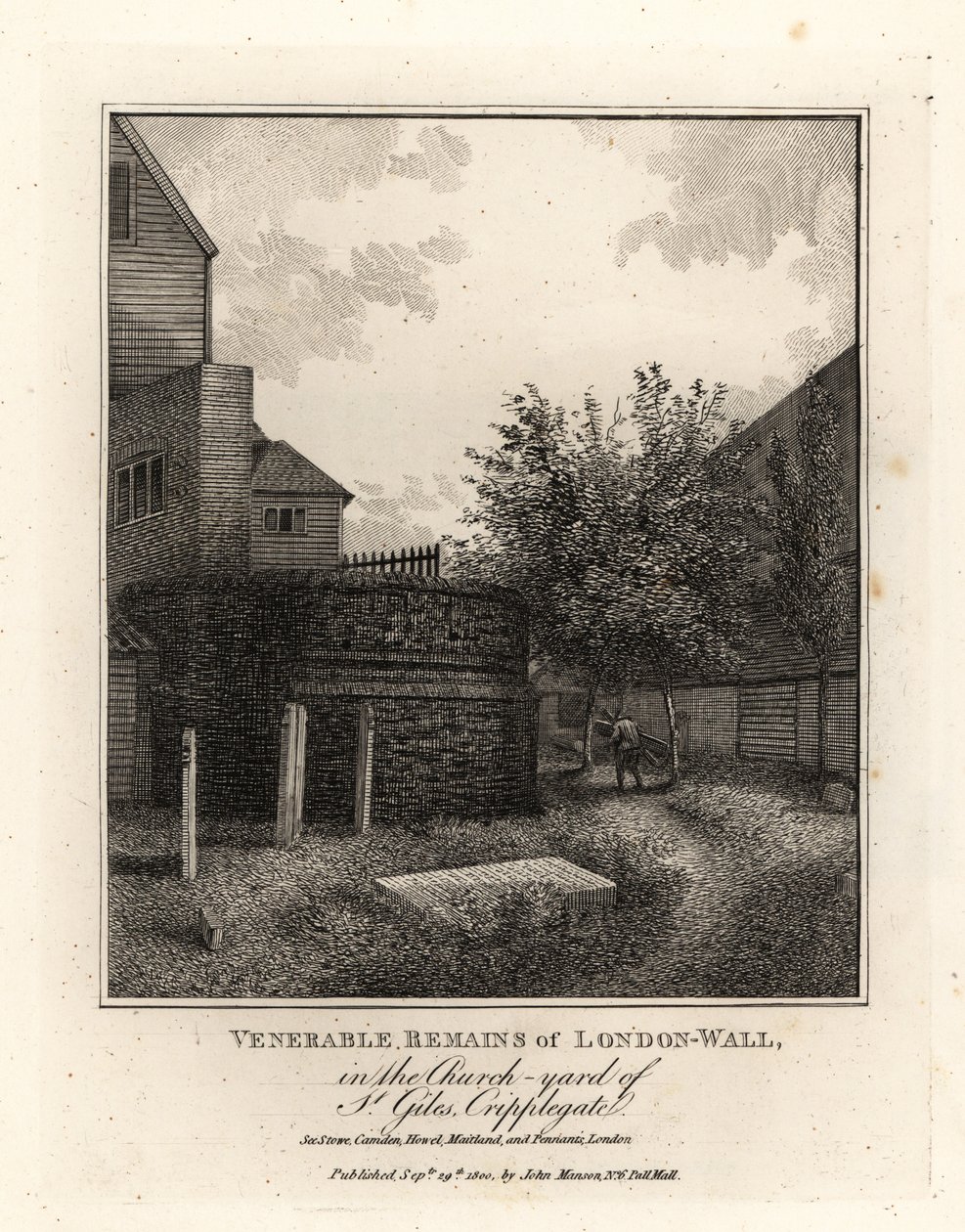 Roomalaisen Lontoon muurin jäänteet St Gilesin kirkkopihalla, Cripplegate tekijältä John Thomas Smith