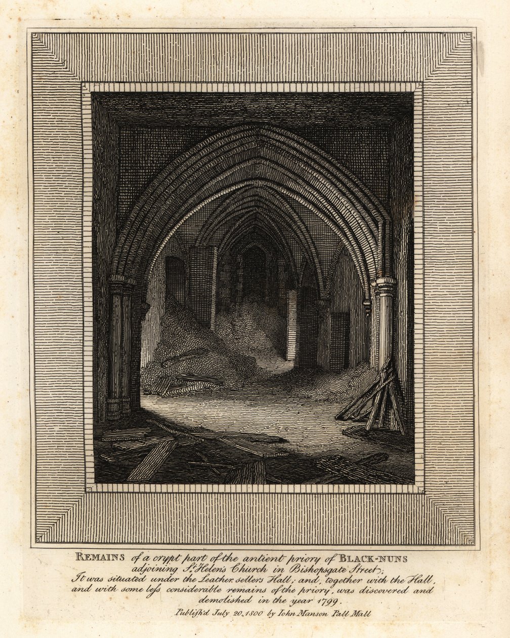 Muinaisen mustannunnaluosterin kryptaosan jäänteet St Helenin kirkon vieressä, Bishopsgate Street tekijältä John Thomas Smith
