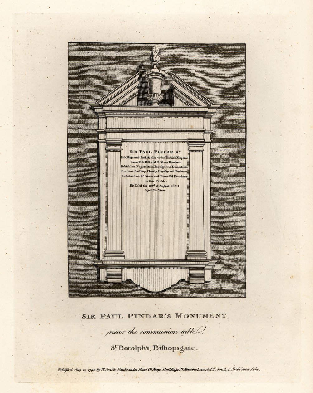 Sir Paul Pindarin muistomerkki lähellä ehtoollispöytää St Botolphissa, Bishopsgatessa tekijältä John Thomas Smith