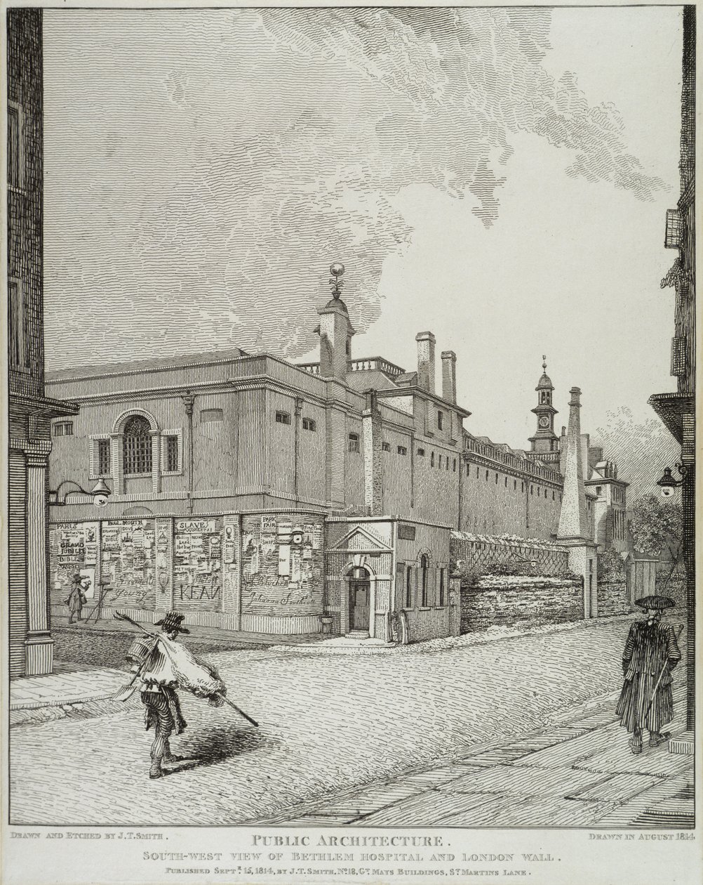 Lounaisnäkymä Bethlemin sairaalasta ja Lontoon muurista, 1814 tekijältä John Thomas Smith