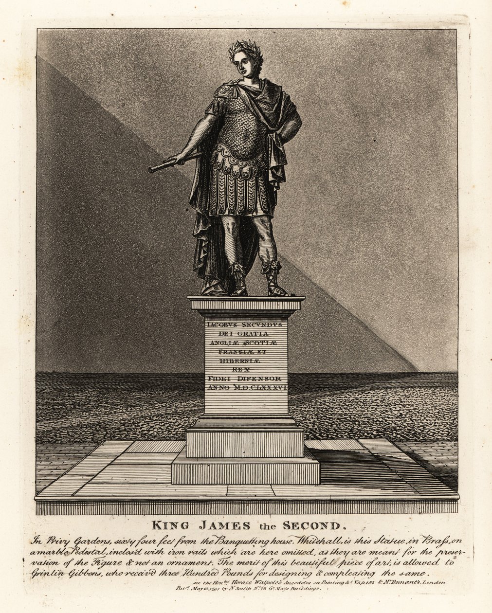 Grinlin Gibbonsin suunnittelema Englannin kuningas James II:n patsas Rooman keisarin asussa, Jacobus Seundus, Privy Gardensissa tekijältä John Thomas Smith