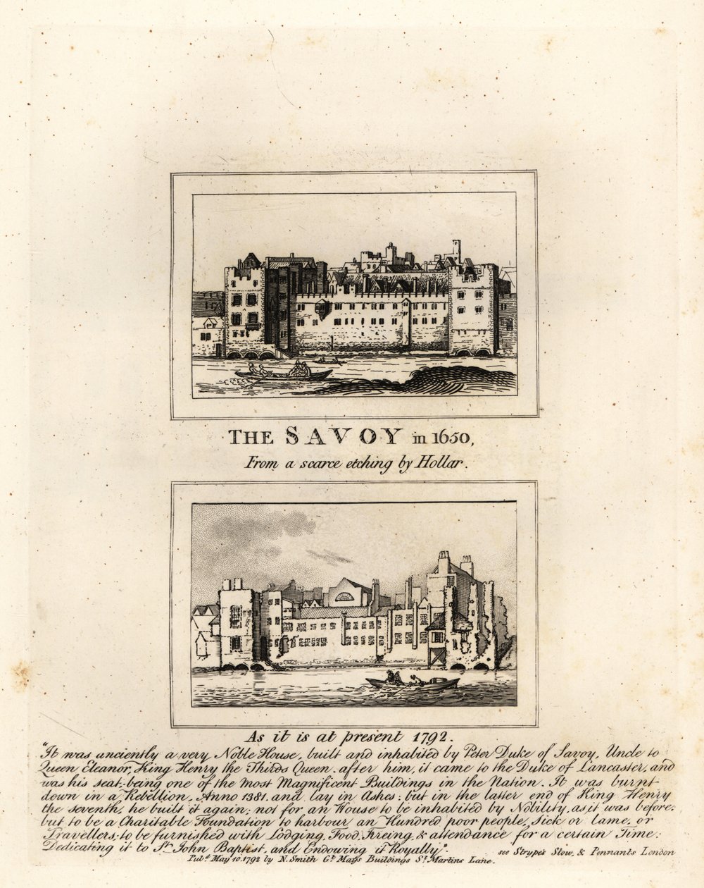 Savoy-sairaala vuonna 1650 Wenceslaus Hollarin vedosta ja raunioina vuonna 1792 tekijältä John Thomas Smith