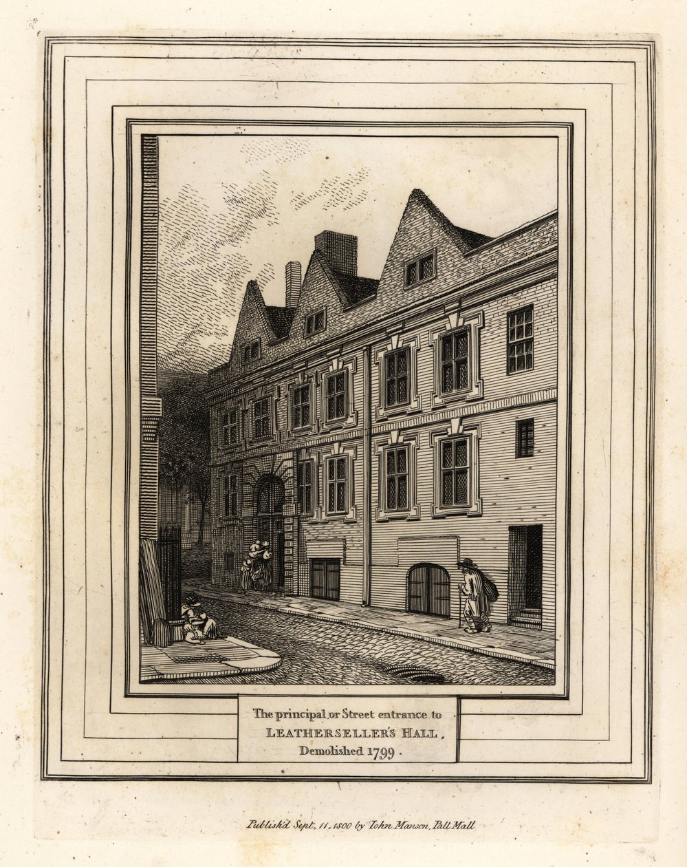 Leathersellers Hallin pääsisäänkäynti tai katu, purettu 1799 tekijältä John Thomas Smith