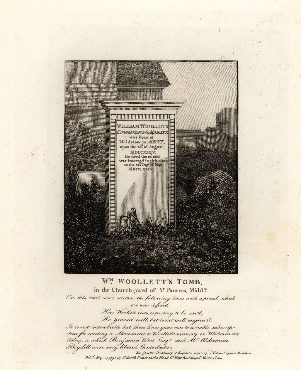 Vuonna 1735 kuolleen kuninkaallisen kaivertajan William Woollettin hauta St Pancrasin kirkkopihalla Middlesexissä tekijältä John Thomas Smith