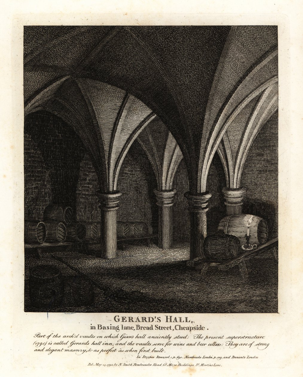 Maanalaiset holvit Gerards Hall Innissä Basing Lane, Bread Street, Cheapside tekijältä John Thomas Smith