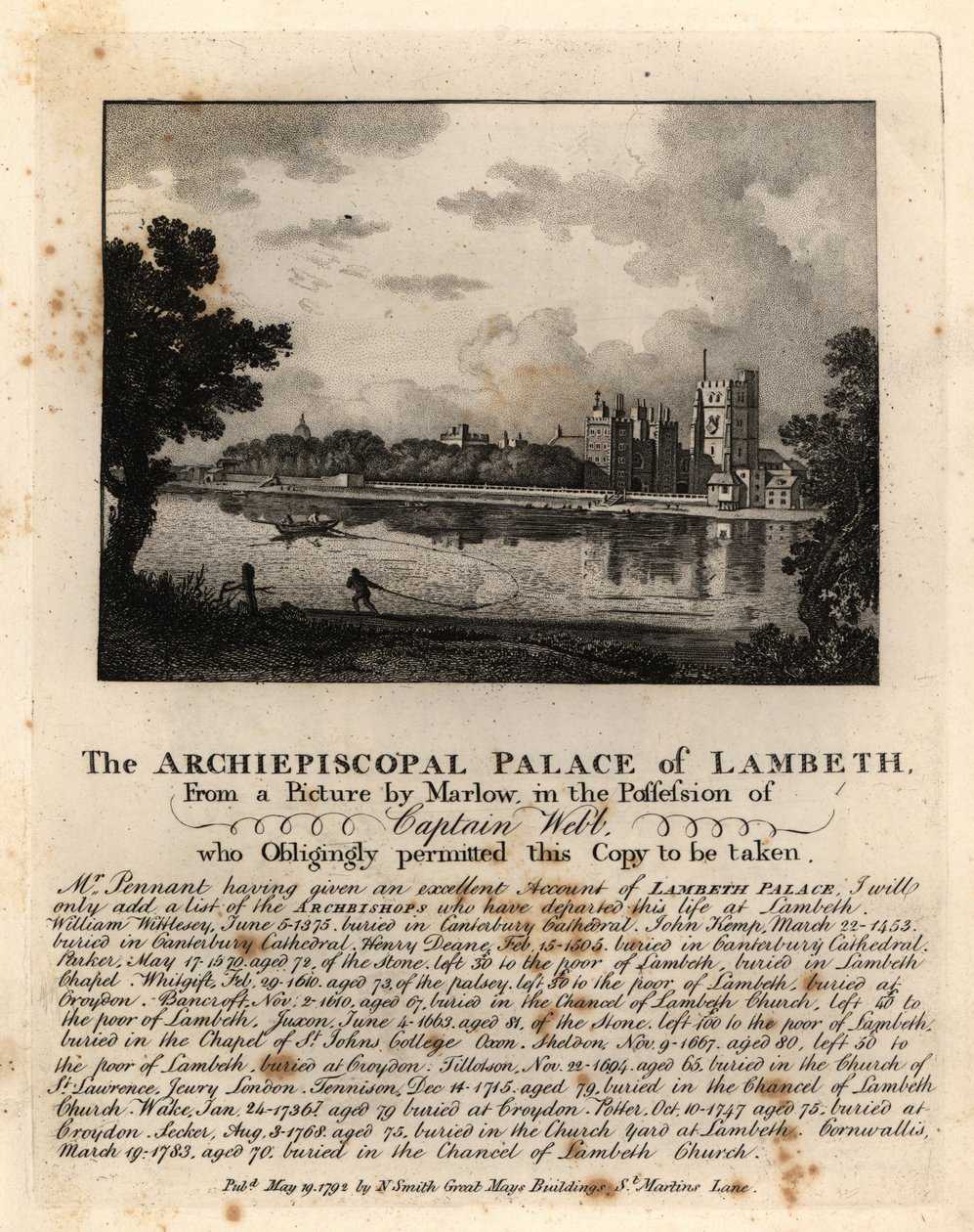 Näkymä Lontoon Lambeth Palacelle tekijältä John Thomas Smith