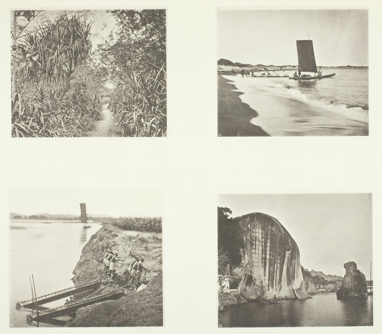 Maatie lähellä Taiwanfua, katamaraani, ketjupumput, kalliokirjoitukset, Amoy, c. 1868. tekijältä John Thomson