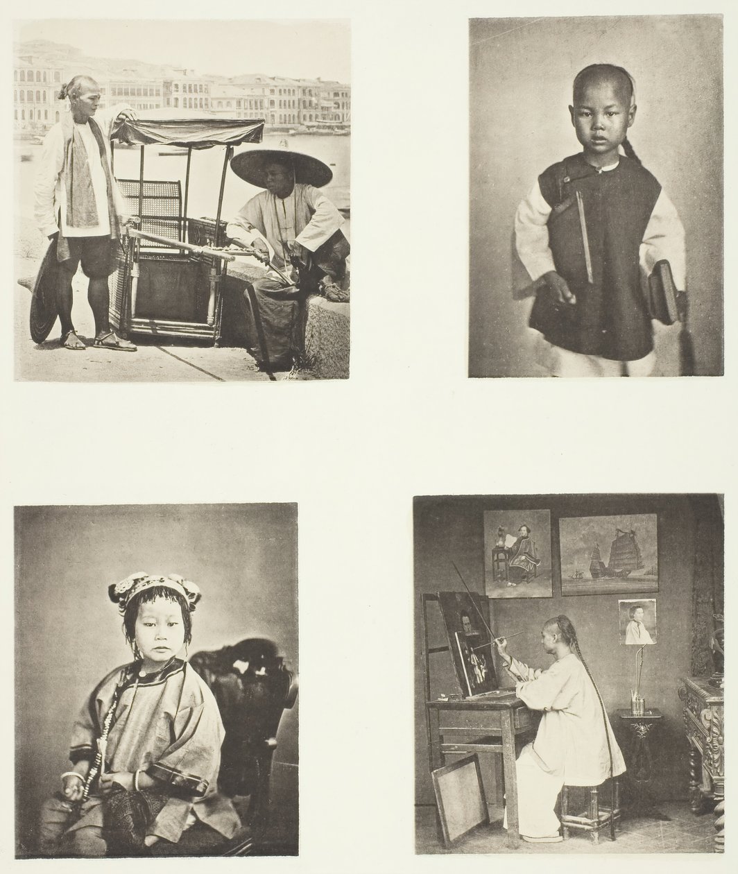 Hongkongin sedan-tuoli, kiinalainen koulupoika, kiinalainen tyttö, hongkongilainen taiteilija, n. 1868. tekijältä John Thomson
