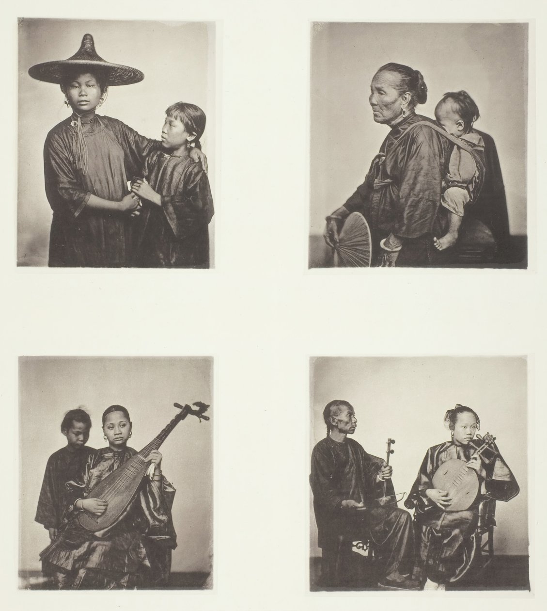 Boat Girls, Kantonin venenainen ja lapsi, muusikot, muusikot, c. 1868. tekijältä John Thomson