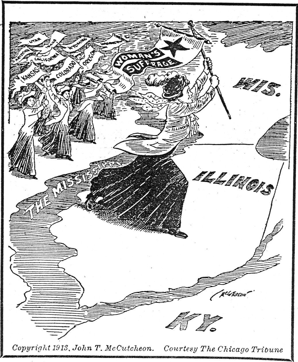 Illinoisin rajanylitys, pääkirjoituksellinen pilapiirros tekijältä John Tinney McCutcheon