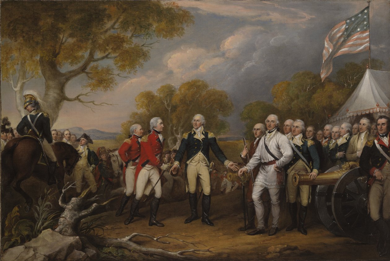 Saratogan taistelu, brittiläinen kenraali John Burgoyne antautumassa amerikkalaiselle kenraalille, Horatio Gates, 17. lokakuuta 1777, n. 1822-32 tekijältä John Trumbull