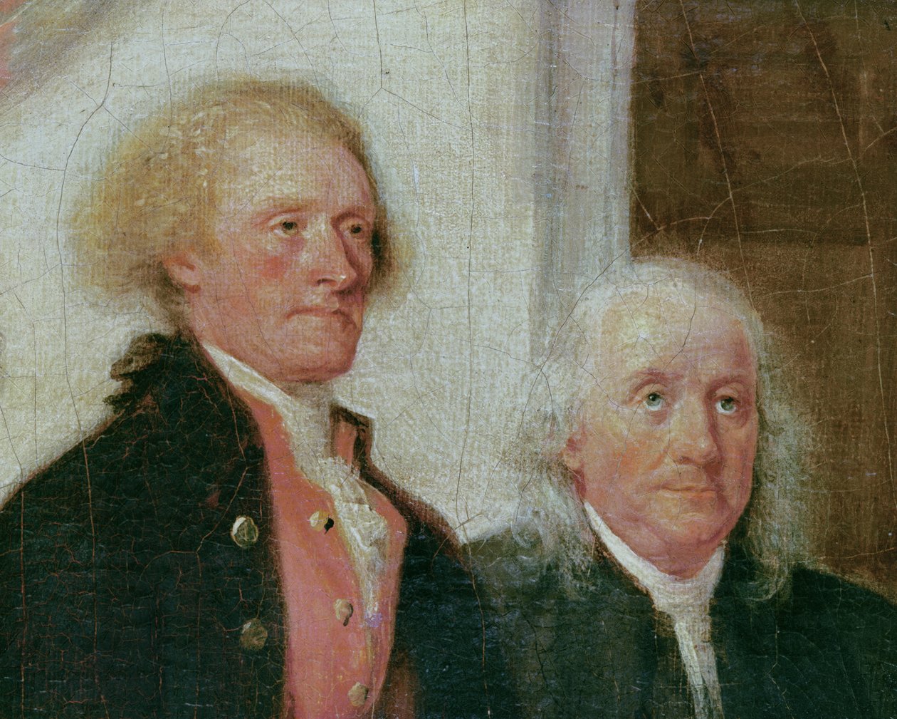 Itsenäisyysjulistuksen laatiminen, 28. kesäkuuta 1776, Thomas Jeffersonin (1743-1826) ja Benjamin Franklinin (1706-90) yksityiskohta n. 1817 (702745:n yksityiskohta) tekijältä John Trumbull