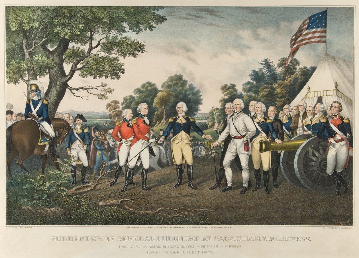 Kenraali Burgoynen antautuminen Saratogassa, N.Y.:ssä, 17. lokakuuta 1777, pub. 1852 tekijältä John Trumbull