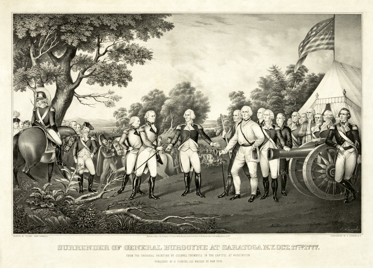 Kenraali Burgoynen antautuminen Saratogassa, N.Y., 17. lokakuuta 1777, pub. N. Currier tekijältä John Trumbull