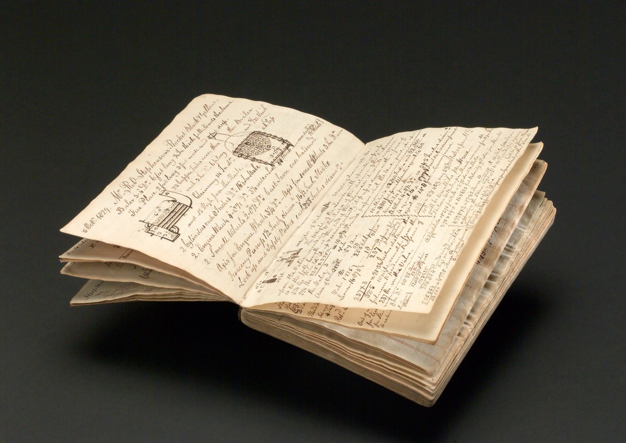 John Urpeth Rastrickille kuuluva muistikirja, jota käytettiin Rainhillin veturikokeiden yksityiskohtien tallentamiseen vuonna 1829 (kynä ja muste paperille) tekijältä John Urpeth Rastrick