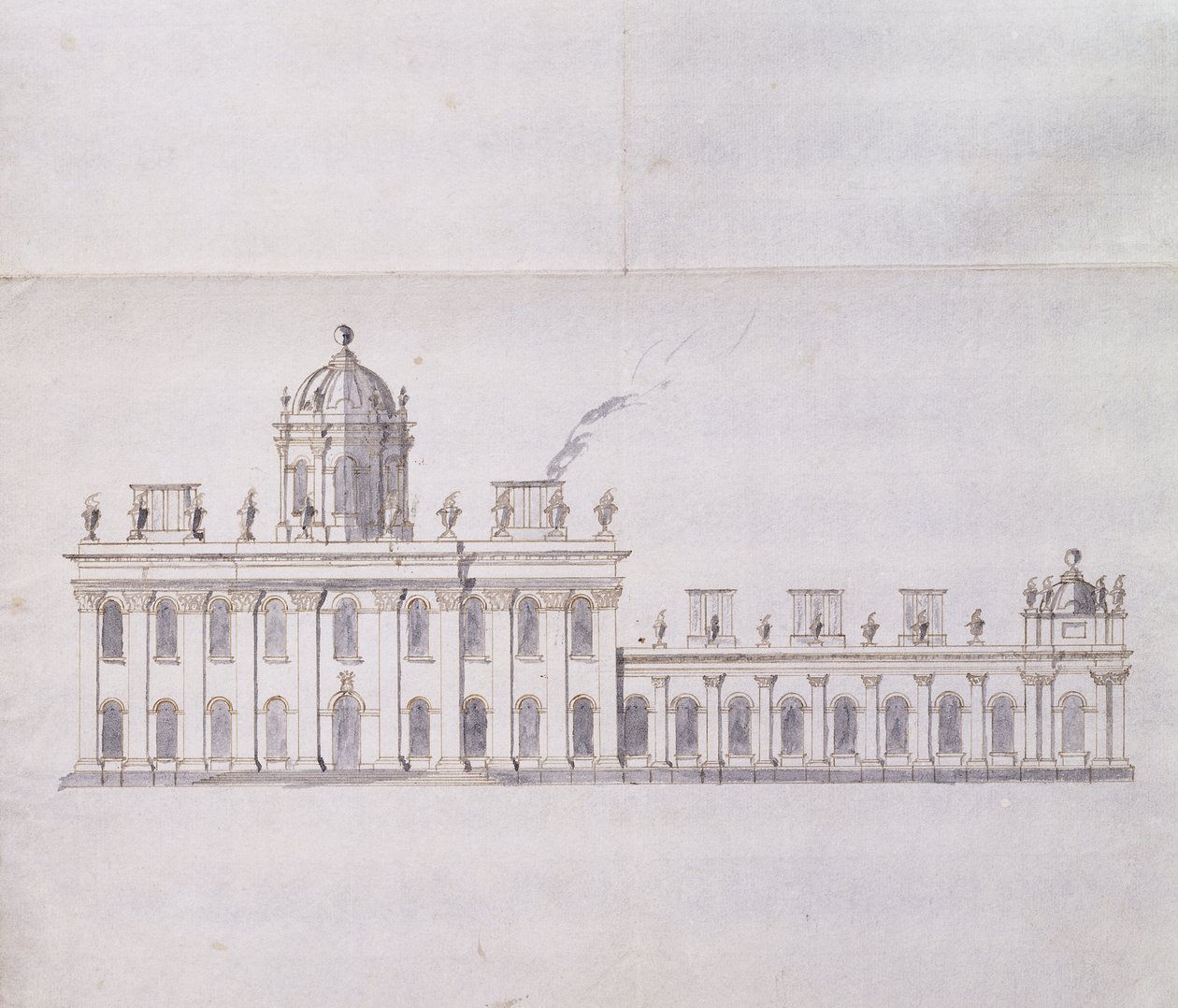 Castle Howard, Yorkshire: Kaaviomainen lyijykynäluonnos, joka esittää Forecourtin siipien kehitystä, n. 1699 (kynä ja ruskea muste ja harmaa pesuaine) tekijältä John Vanbrugh