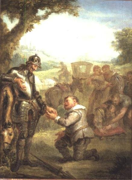 Don Quijote kaksintaistelun jälkeen rohkean Biscayanin kanssa nojaa hevoseensa Rosinanteen, kun taas Sancho Panchez pyytää Baratarian saaren kuvernööriä, kohtaus Cervantesin "Don Quijotesta" (paneeli) tekijältä John Vanderbanck