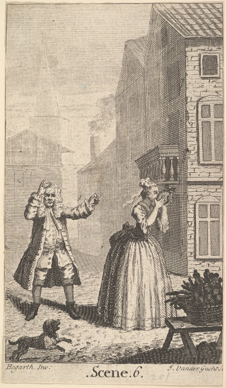 Etukappale Molieren Sganarellelle, ou le Cocu Imaginaire The Imaginary Cuckold, n. 1732. tekijältä John Vandergucht